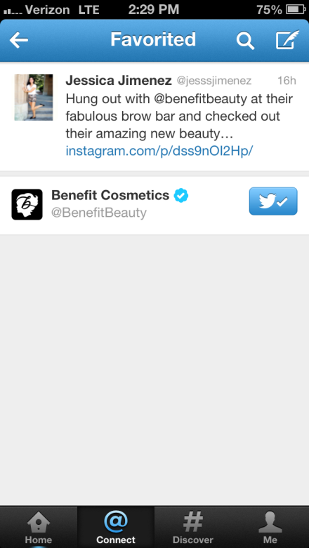 Benefit Cosmetics favorited my Instagram post of when I was at their Brow Bar! 